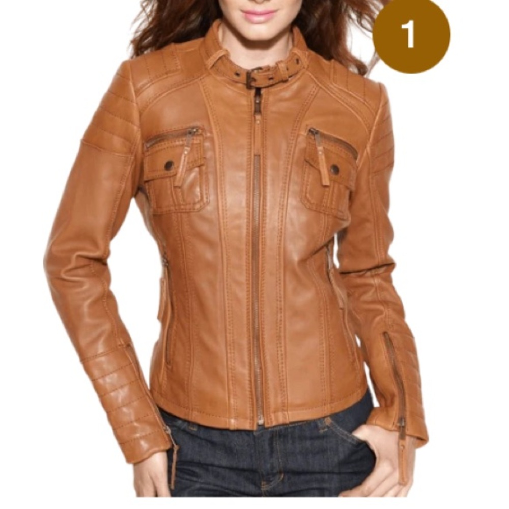 Michael Kors Tan Leather Moto Jacket with Stand-Up Collar